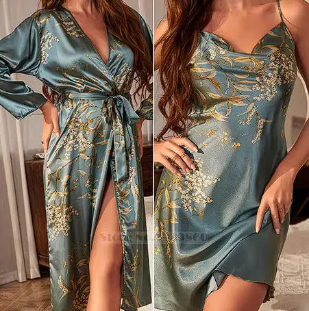 Ensemble de Chemise de Nuit et Robe en Satin à Imprimé Cerise