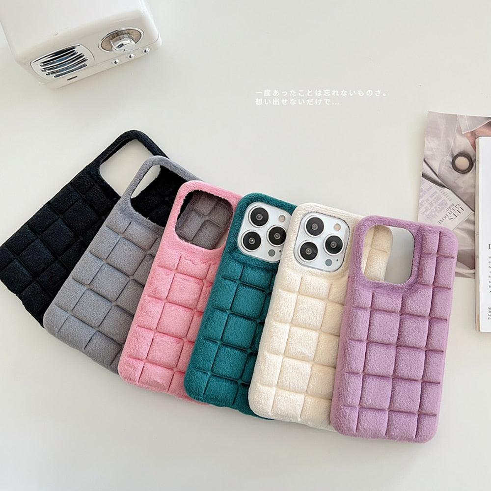 Plush Square Lattice Phone Case for iPhone - Soft & Stylish