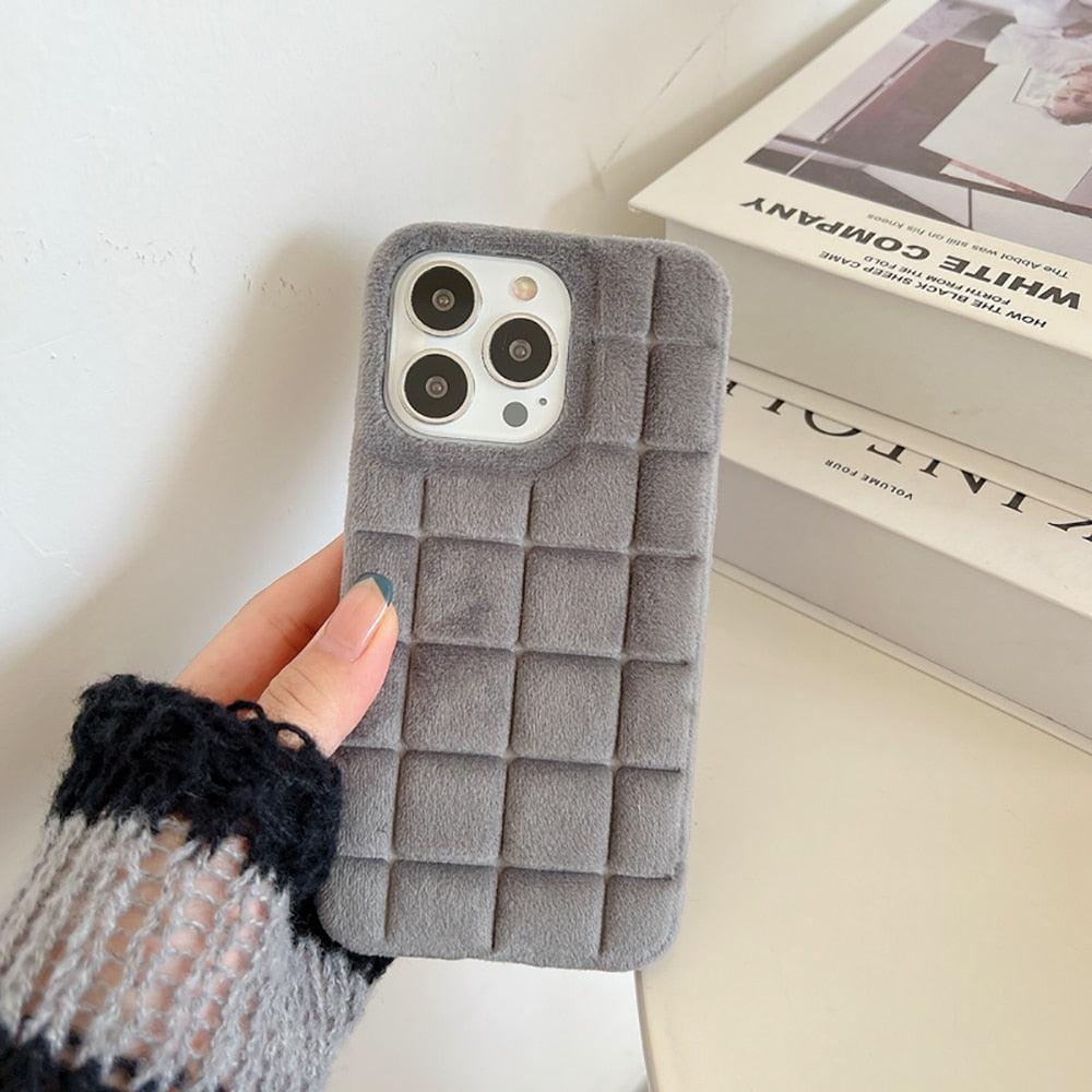 Plush Square Lattice Phone Case for iPhone - Soft & Stylish