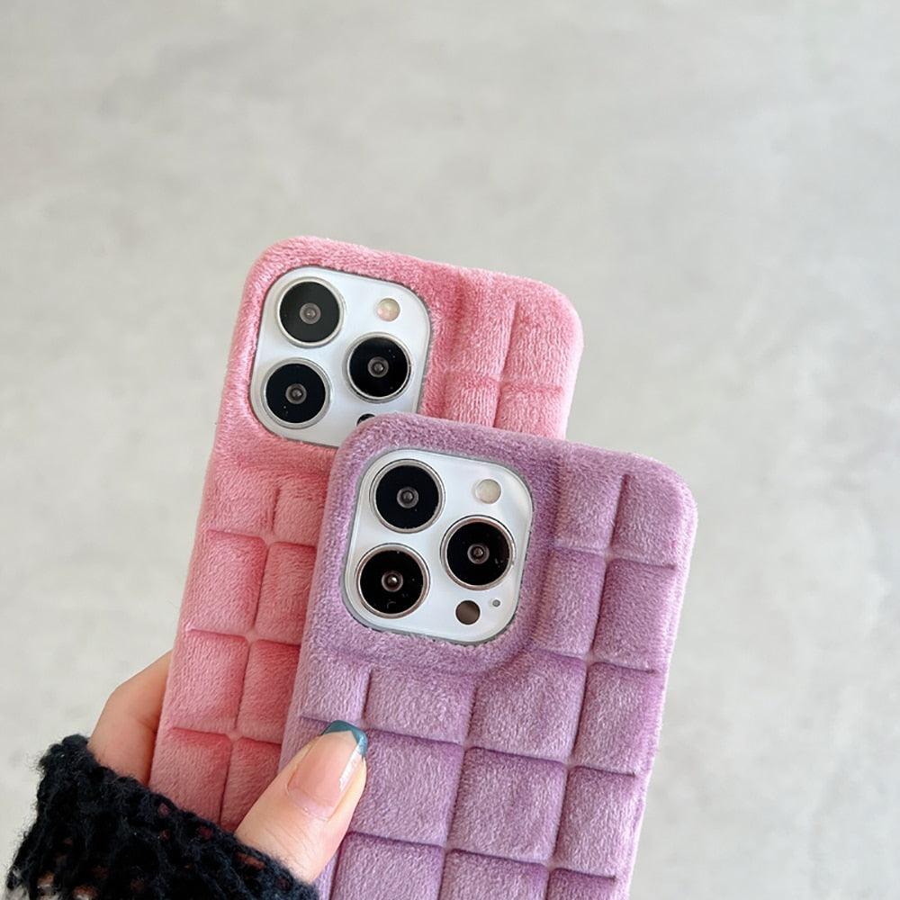 Plush Square Lattice Phone Case for iPhone - Soft & Stylish