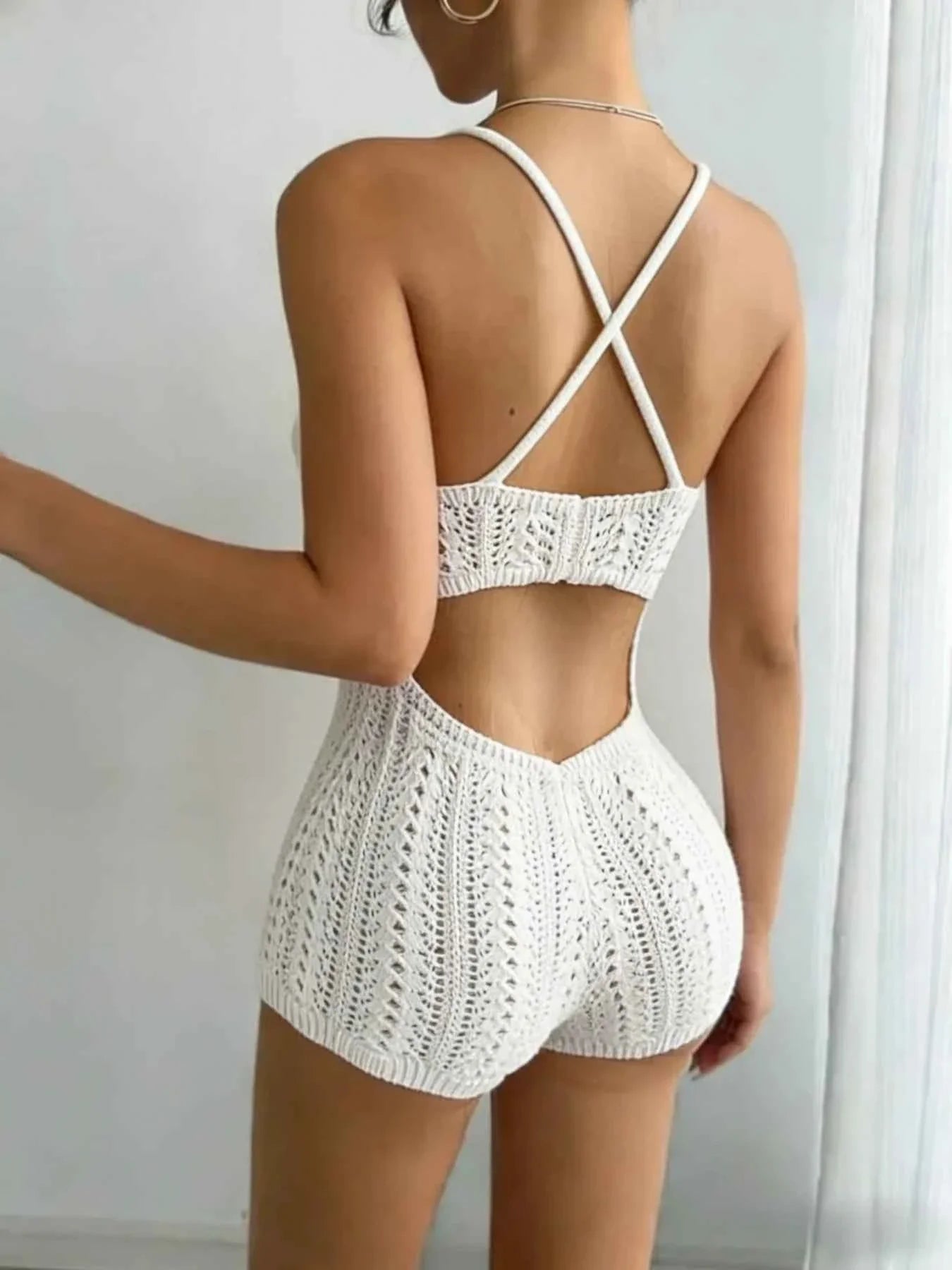 Boho Crochet Romper - White Front Tie Backless