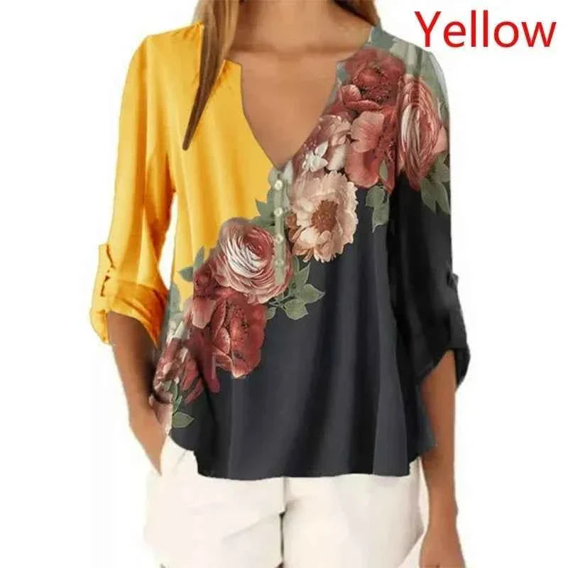 Summer Floral V-Neck 3/4 Sleeve Loose T-Shirt