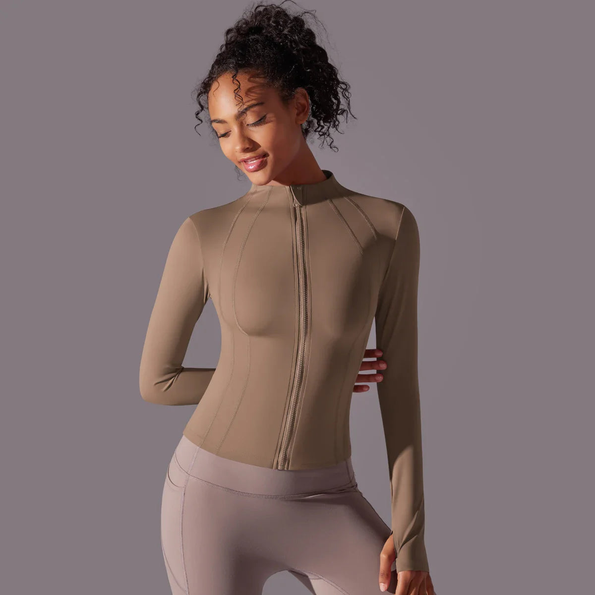 Top de Yoga con Cremallera Completa para Mujer con Aberturas para los Dedos