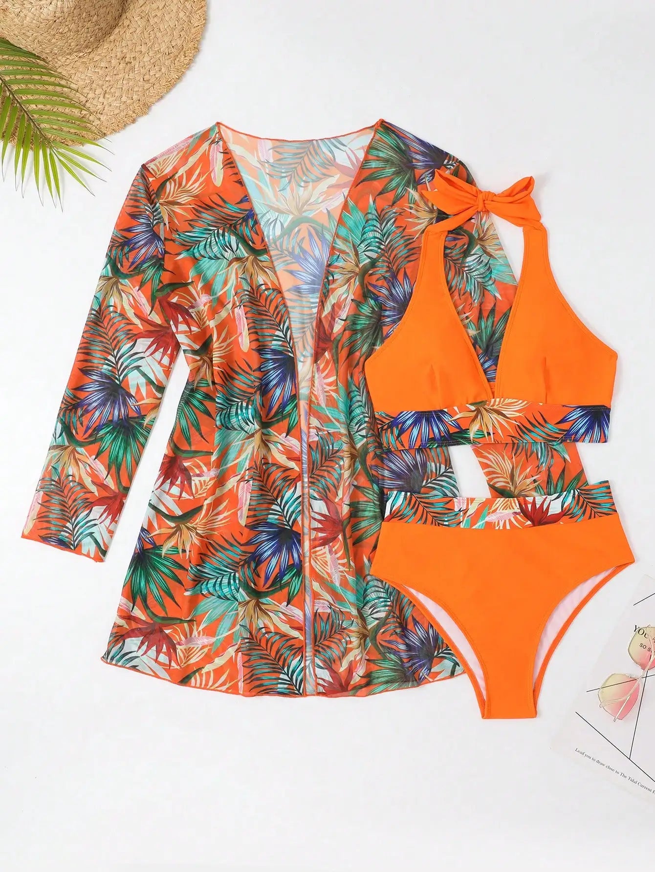 Elegant 3-Piece Halter Bikini Set with Kimono Cover-Up