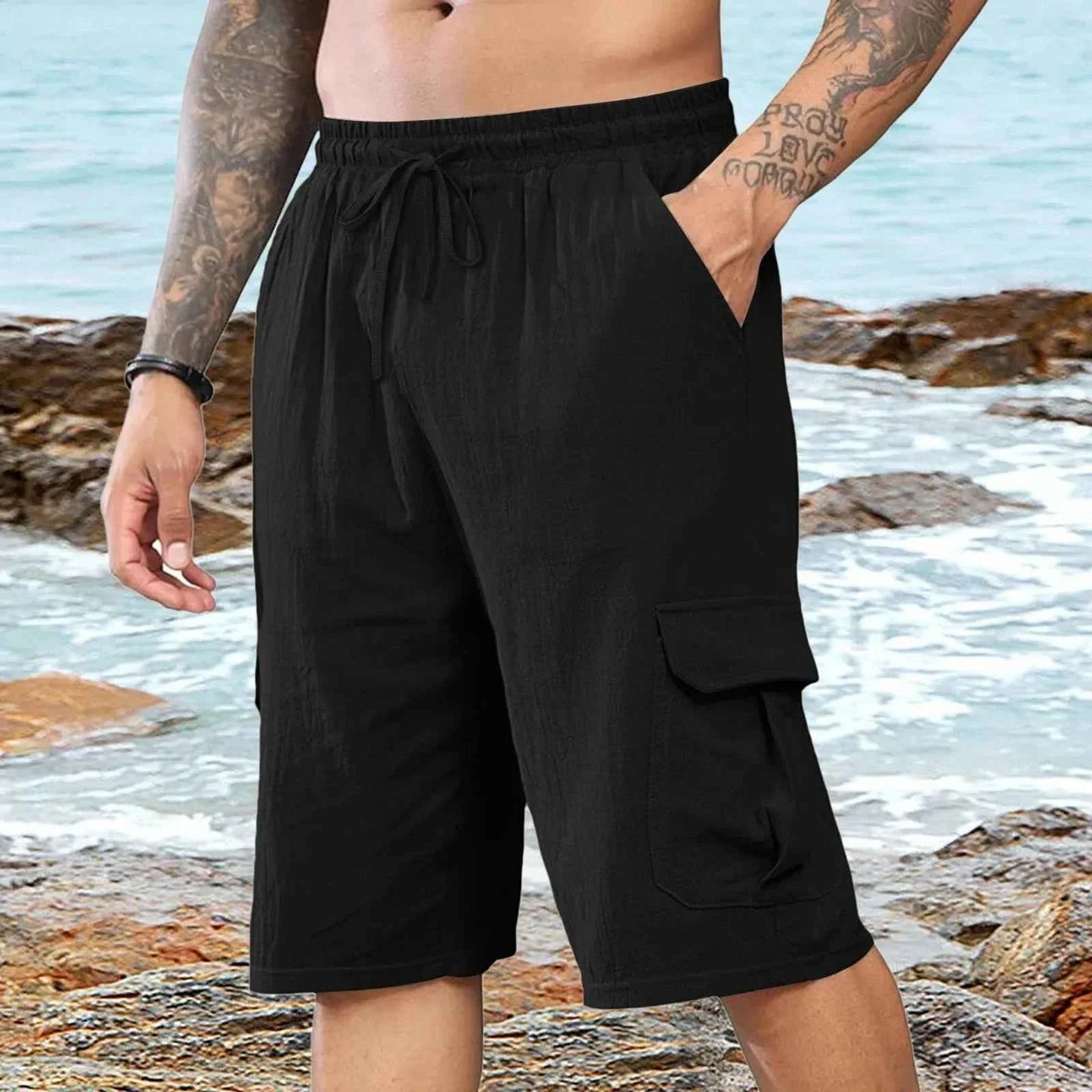 Shorts de plage en lin pour hommes avec taille élastique décontractée