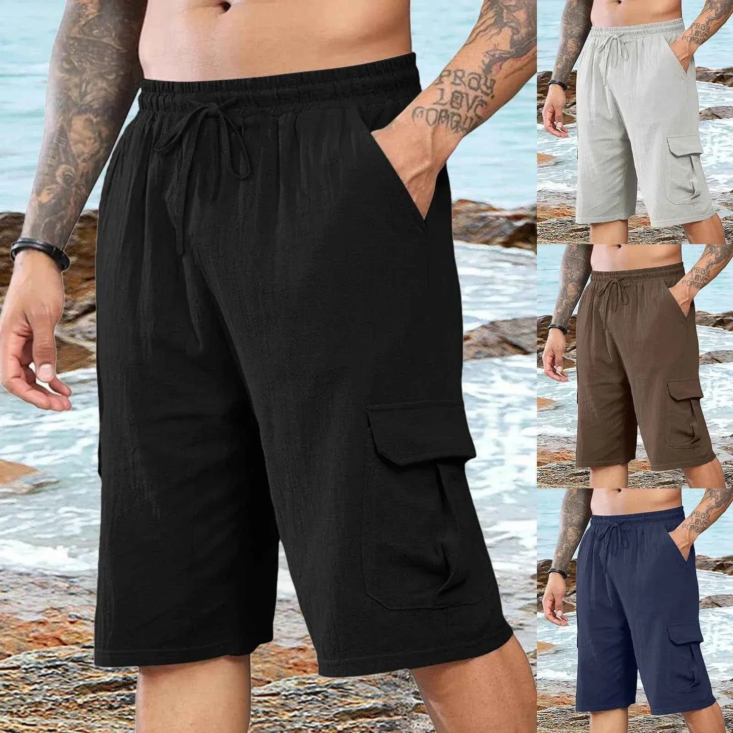 Shorts de plage en lin pour hommes avec taille élastique décontractée