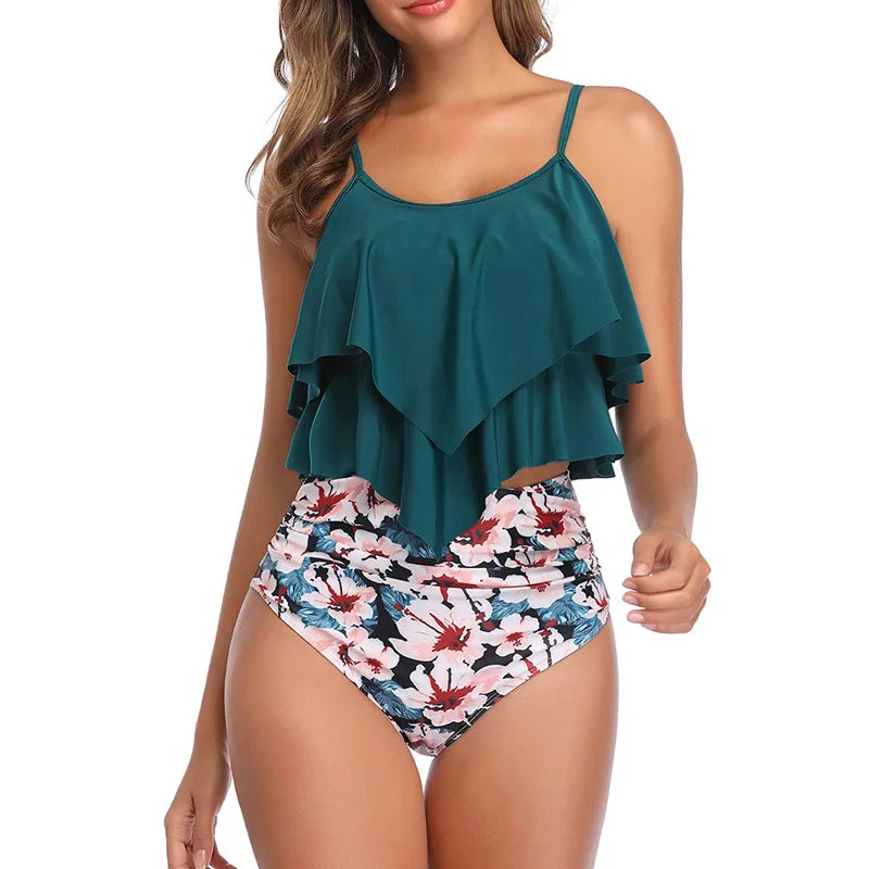 RuffleWave Chic High Waist Bikini & Tankini Set