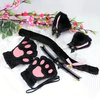 5Pcs Cat Paw Gloves & Fox Ear Headband Set