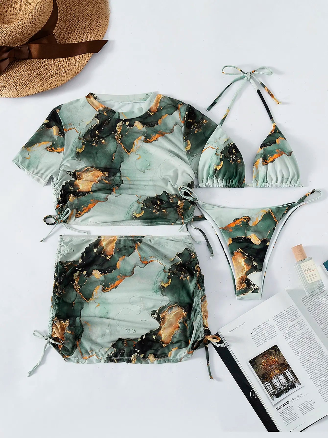 Ensemble de bikini halter 4 pièces à imprimé marbré
