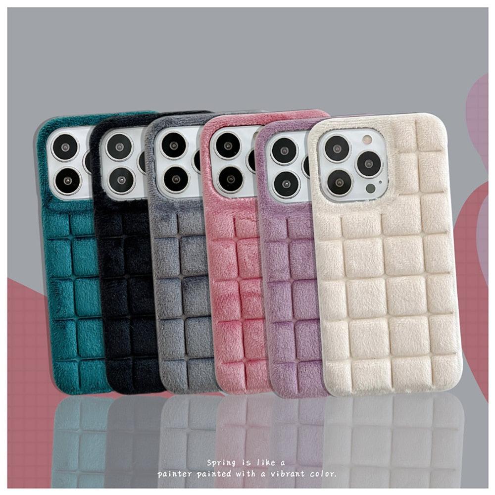 Plush Square Lattice Phone Case for iPhone - Soft & Stylish