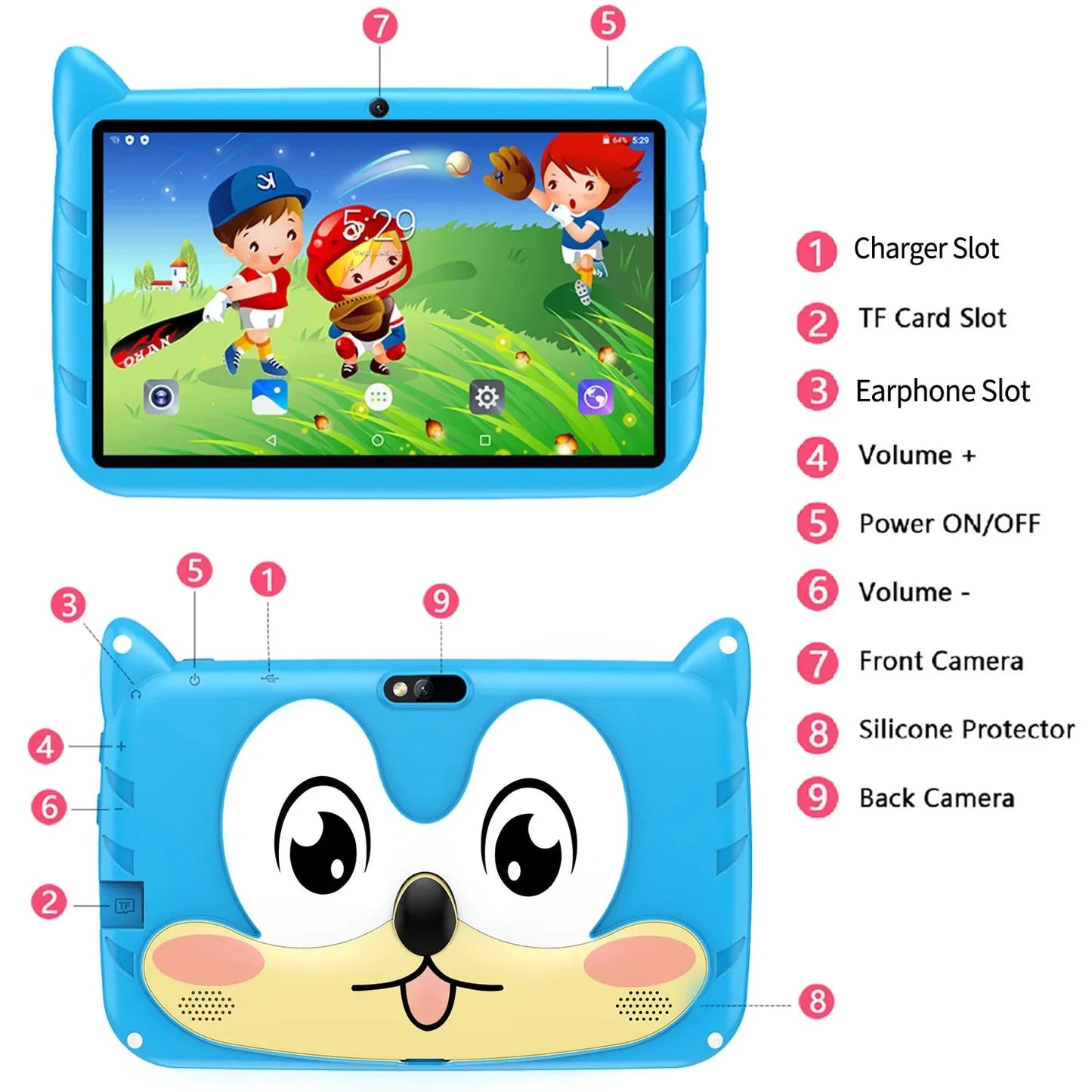 Tablette pour enfants BDF 7 pouces - Android 13, 4 Go de RAM, 64 Go de stockage