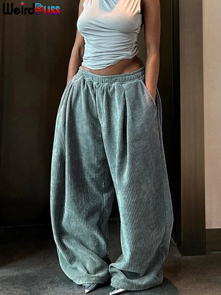 Pantalons larges en velours côtelé taille haute pour femmes