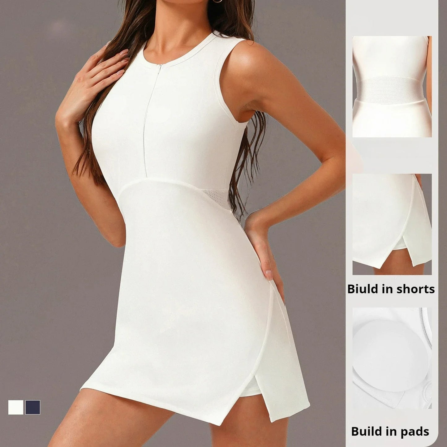 Robe de tennis active à fermeture éclair avec shorts intégrés
