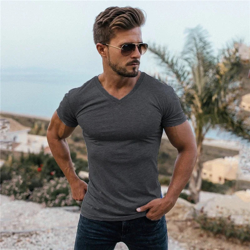 Men's V-Neck Short Sleeve Fitness T-Shirt