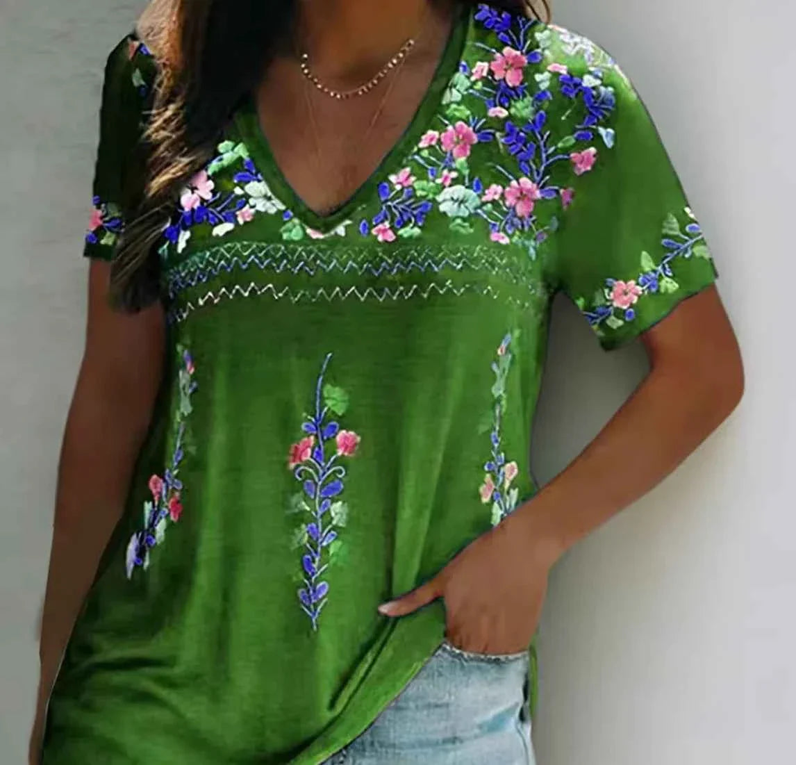 Camiseta de Manga Corta con Escote en V Bohemio