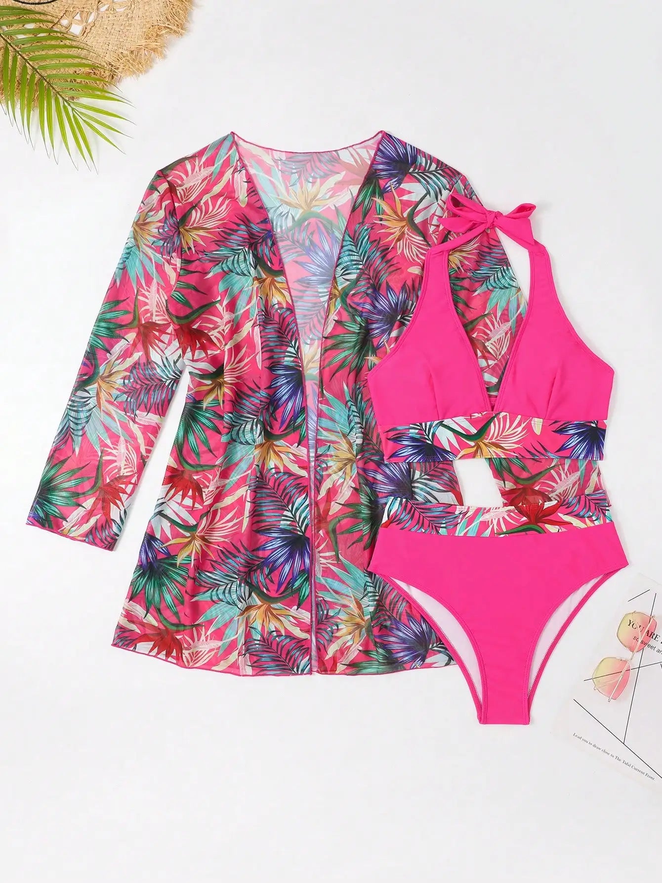 Elegant 3-Piece Halter Bikini Set with Kimono Cover-Up