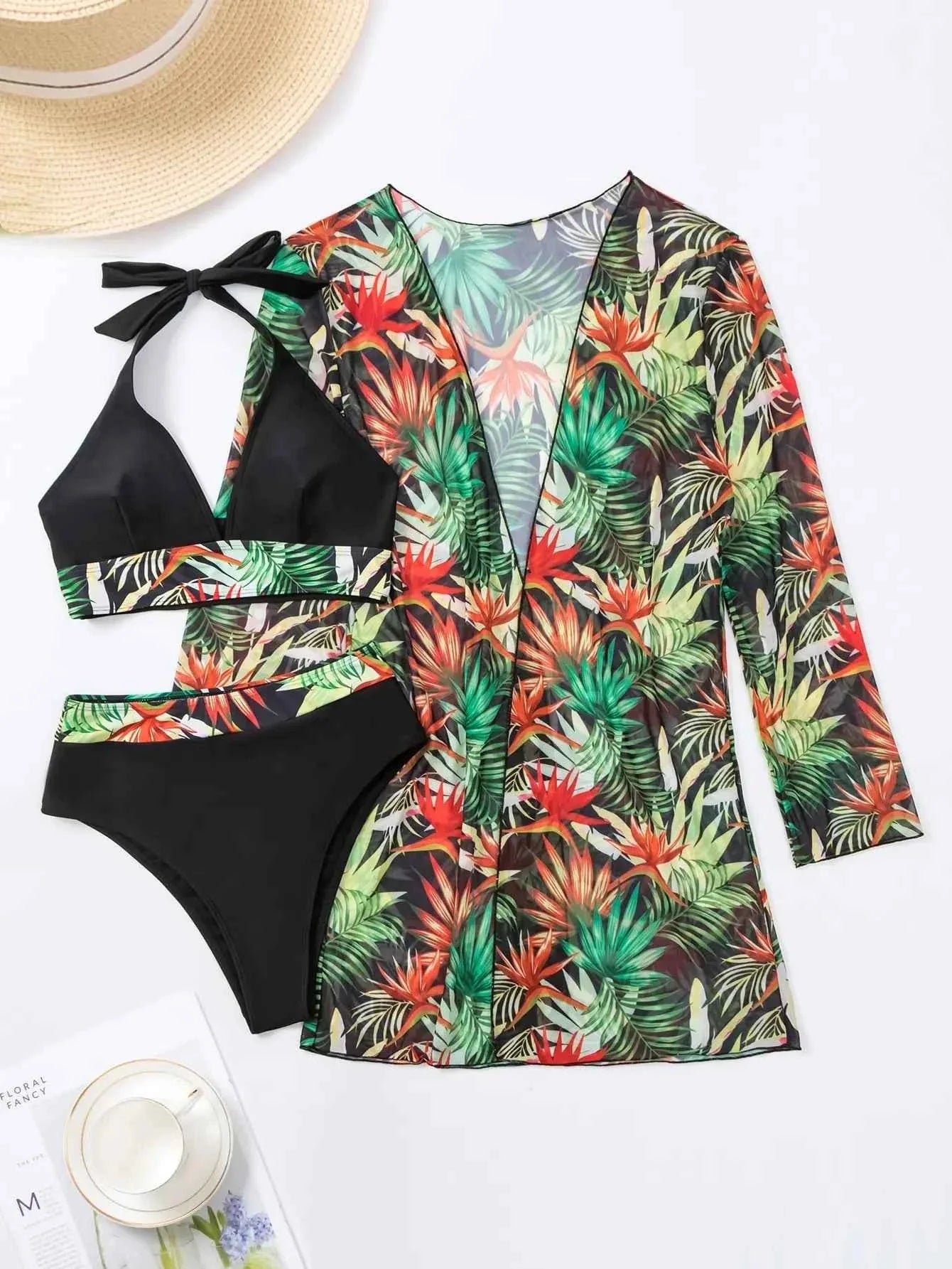 Elegant 3-Piece Halter Bikini Set with Kimono Cover-Up