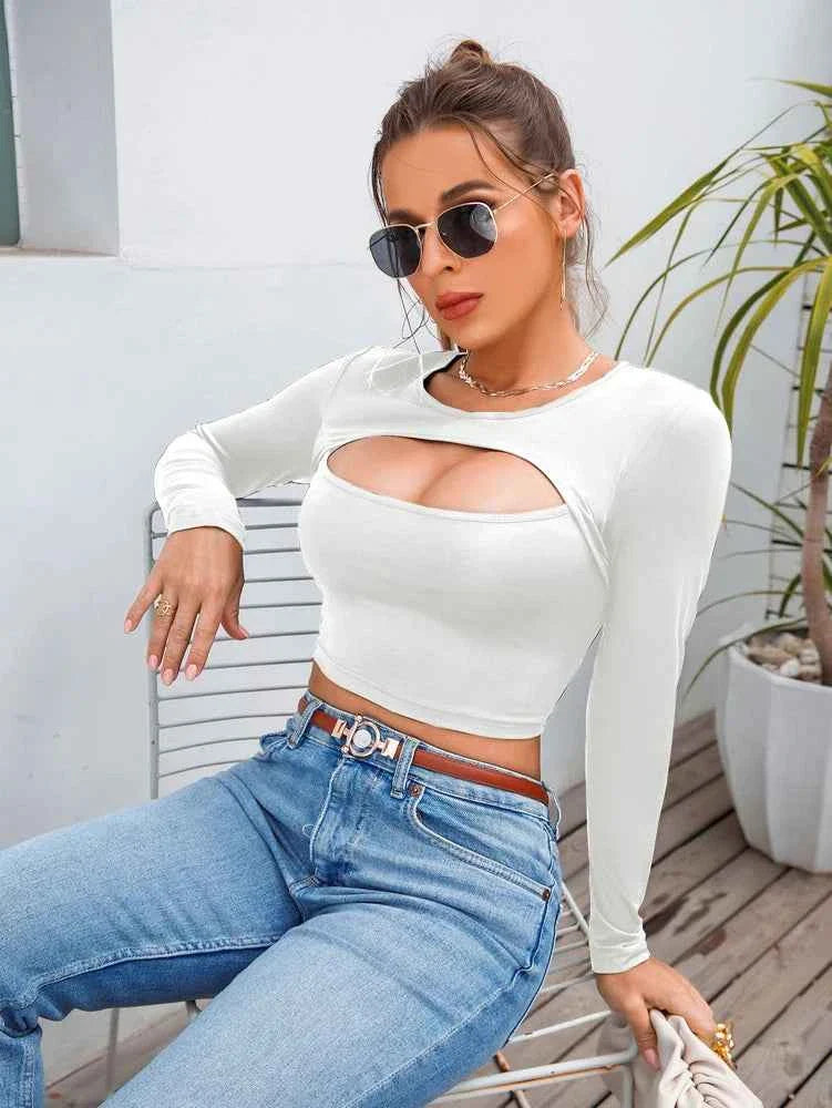 Crop Top à Manches Longues Découpé pour Femmes