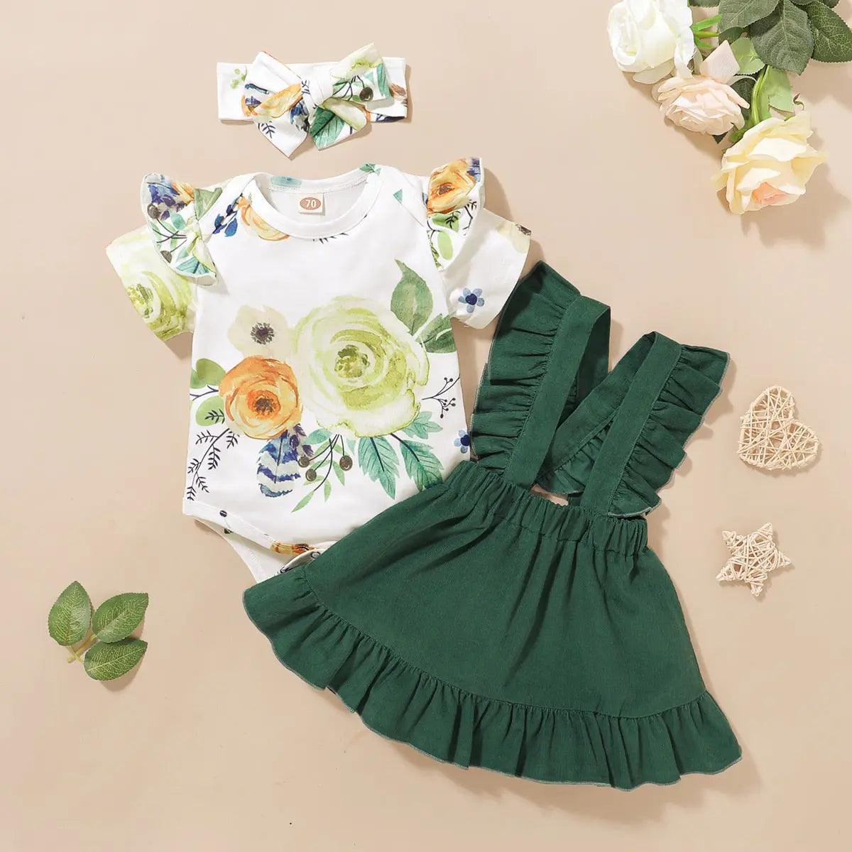 Three-Piece Girls Cotton Set: Romper, Skirt & Headband