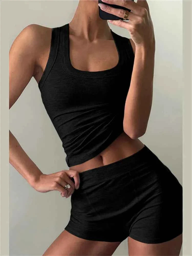 Conjunto de chándal de tanque y pantalones cortos de 2 piezas con canalé