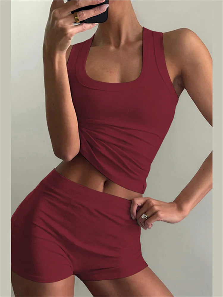Conjunto de chándal de tanque y pantalones cortos de 2 piezas con canalé