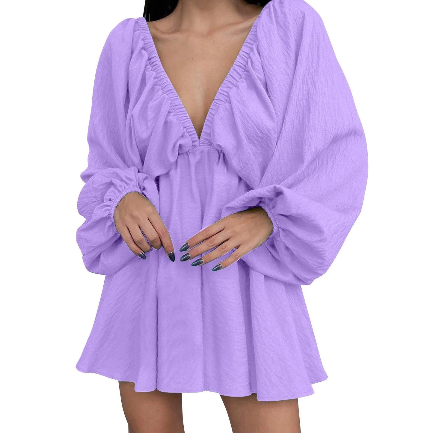 Mandotos Deep V Neck Retro Pleated Dress - Pink, Large Size