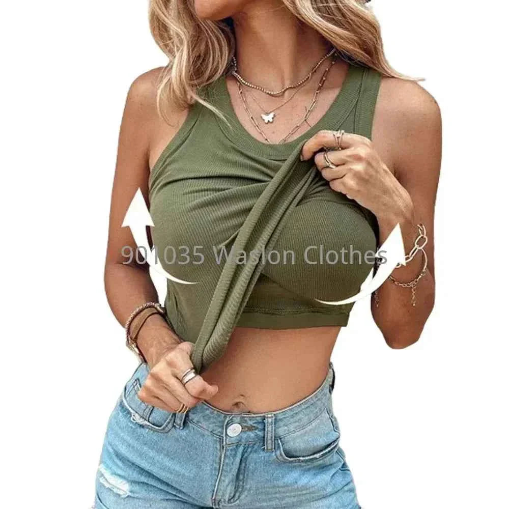 Summer Ribbed Tank Top with Built-In Bra Pads