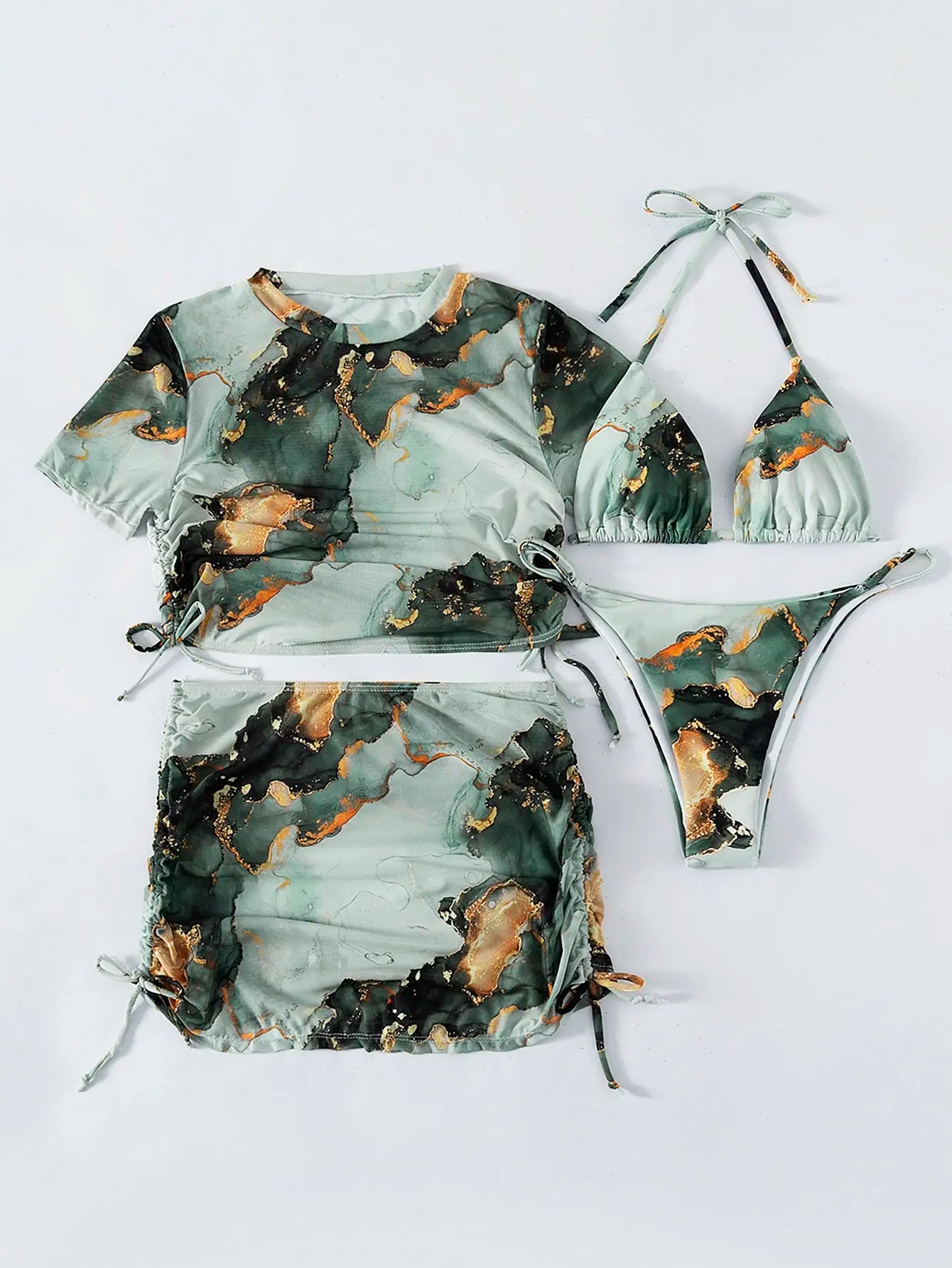 Ensemble de bikini halter 4 pièces à imprimé marbré