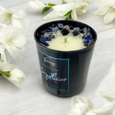 Sagittarius Crystal Candle with Obsidian, Lapis Lazuli & Quartz | 9oz Coconut-Soy Wax - Korvel
