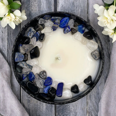 Radiant Essence Crystal Candle with Black Obsidian, Lapis Lazuli, and Clear Quartz | 9oz Coconut-Soy Wax Candle - Korvel