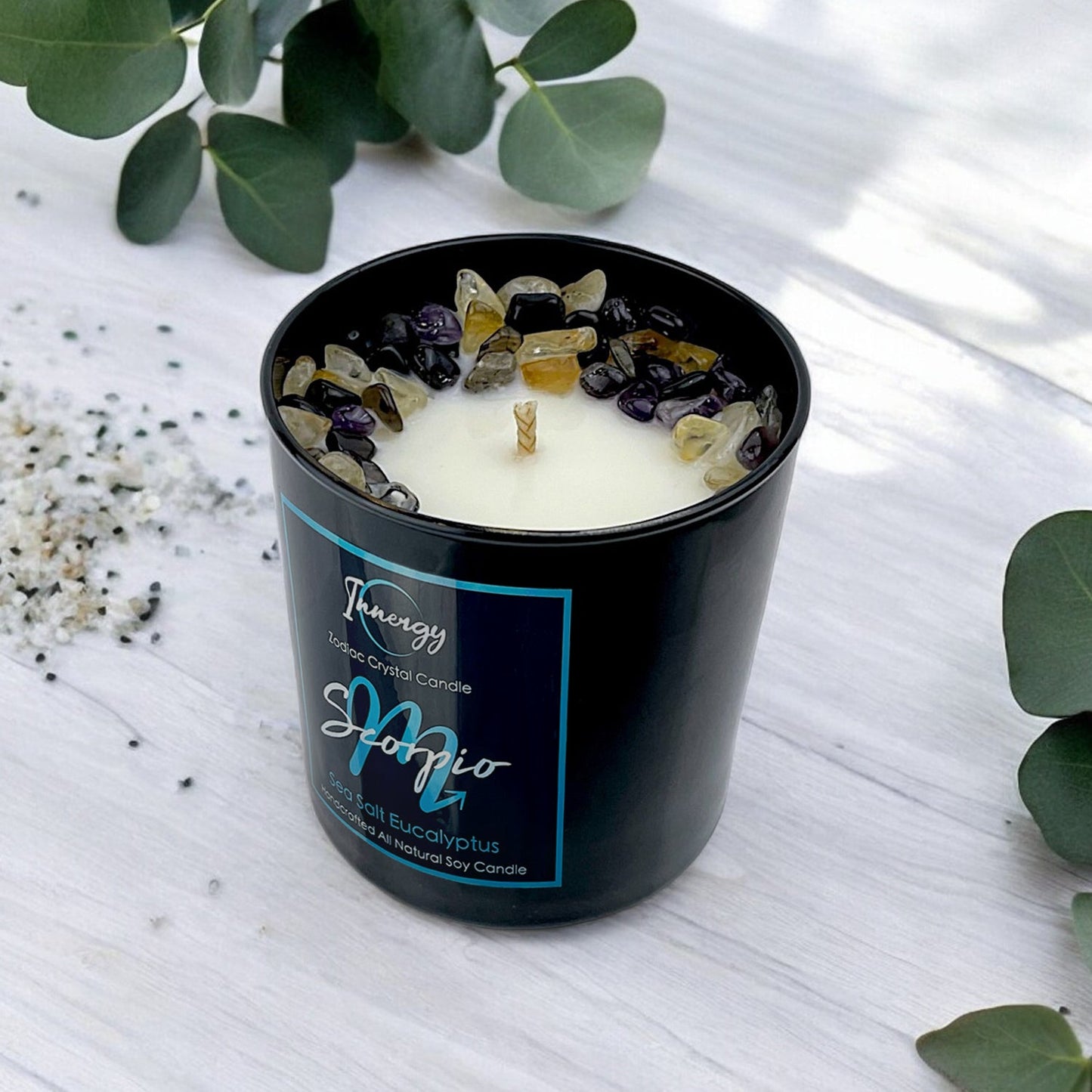 Mystical Scorpio Zodiac Crystal Candle with Obsidian, Citrine & Amethyst | 9oz Coconut-Soy Blend - Korvel