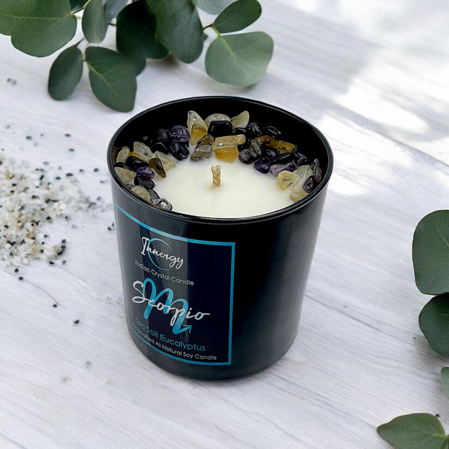 Mystical Scorpio Zodiac Crystal Candle with Obsidian, Citrine & Amethyst | 9oz Coconut-Soy Blend - Korvel
