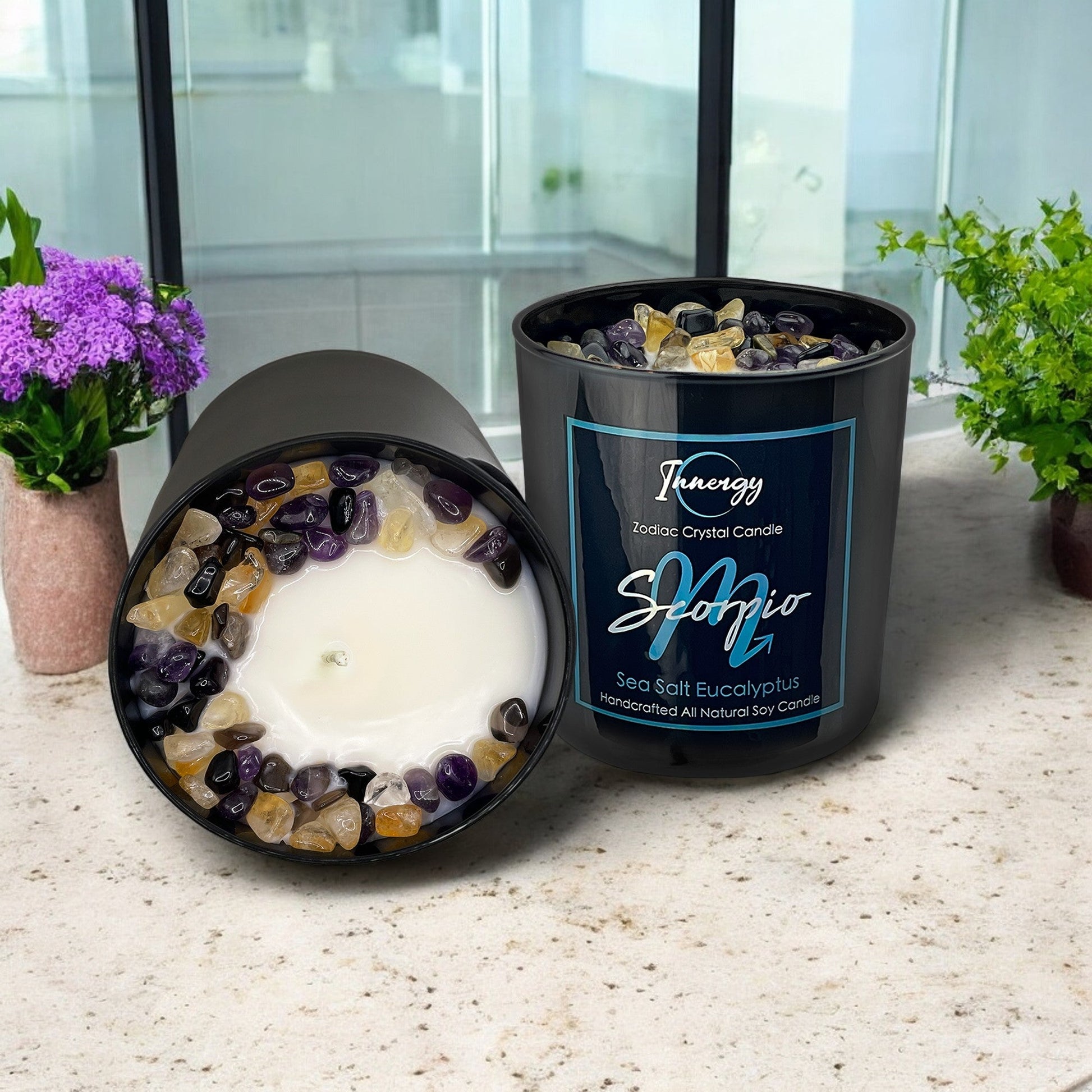 Mystical Scorpio Zodiac Crystal Candle with Obsidian, Citrine & Amethyst | 9oz Coconut-Soy Blend - Korvel