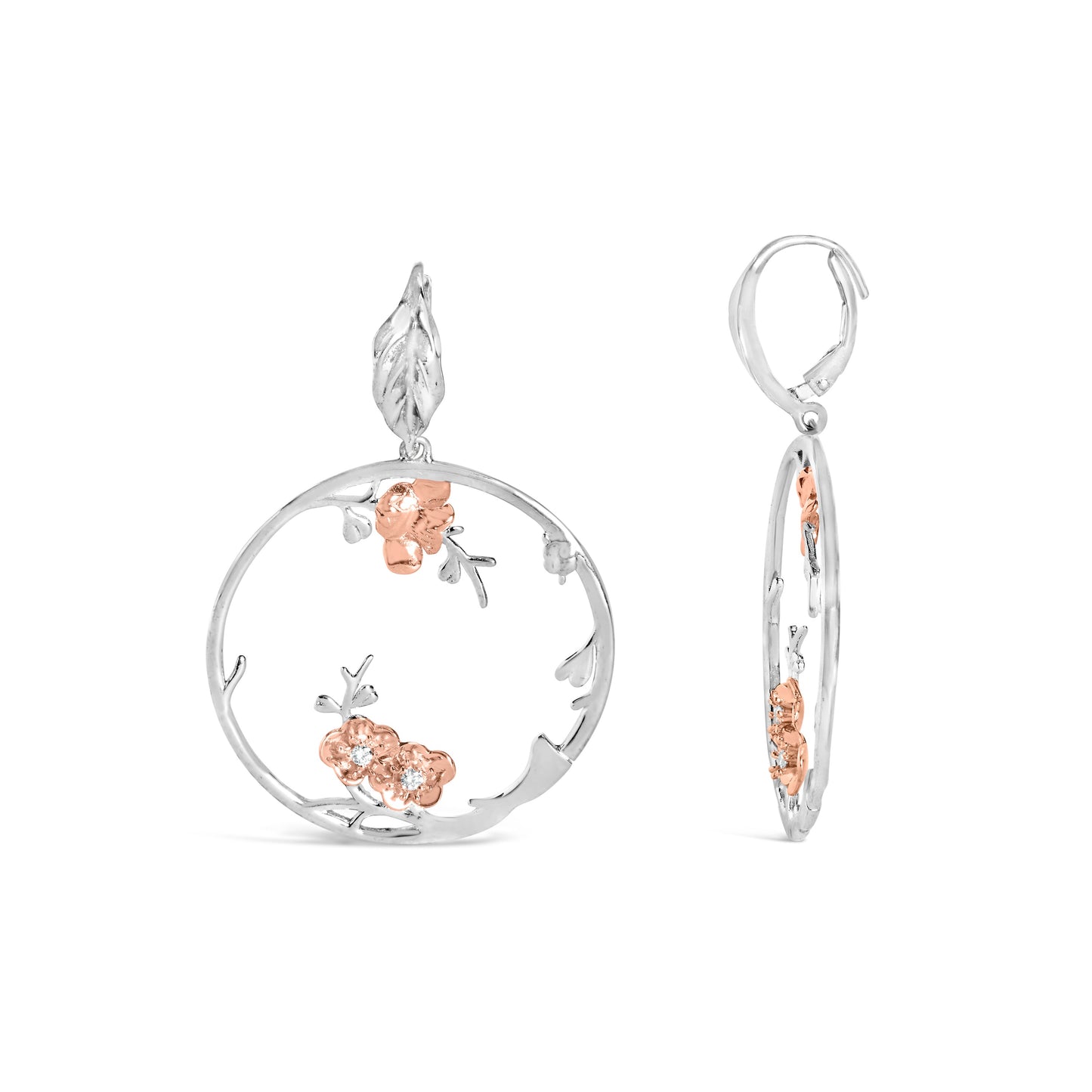 Rose Gold Plated Sterling Silver Floral Hoop Earrings with Diamonds