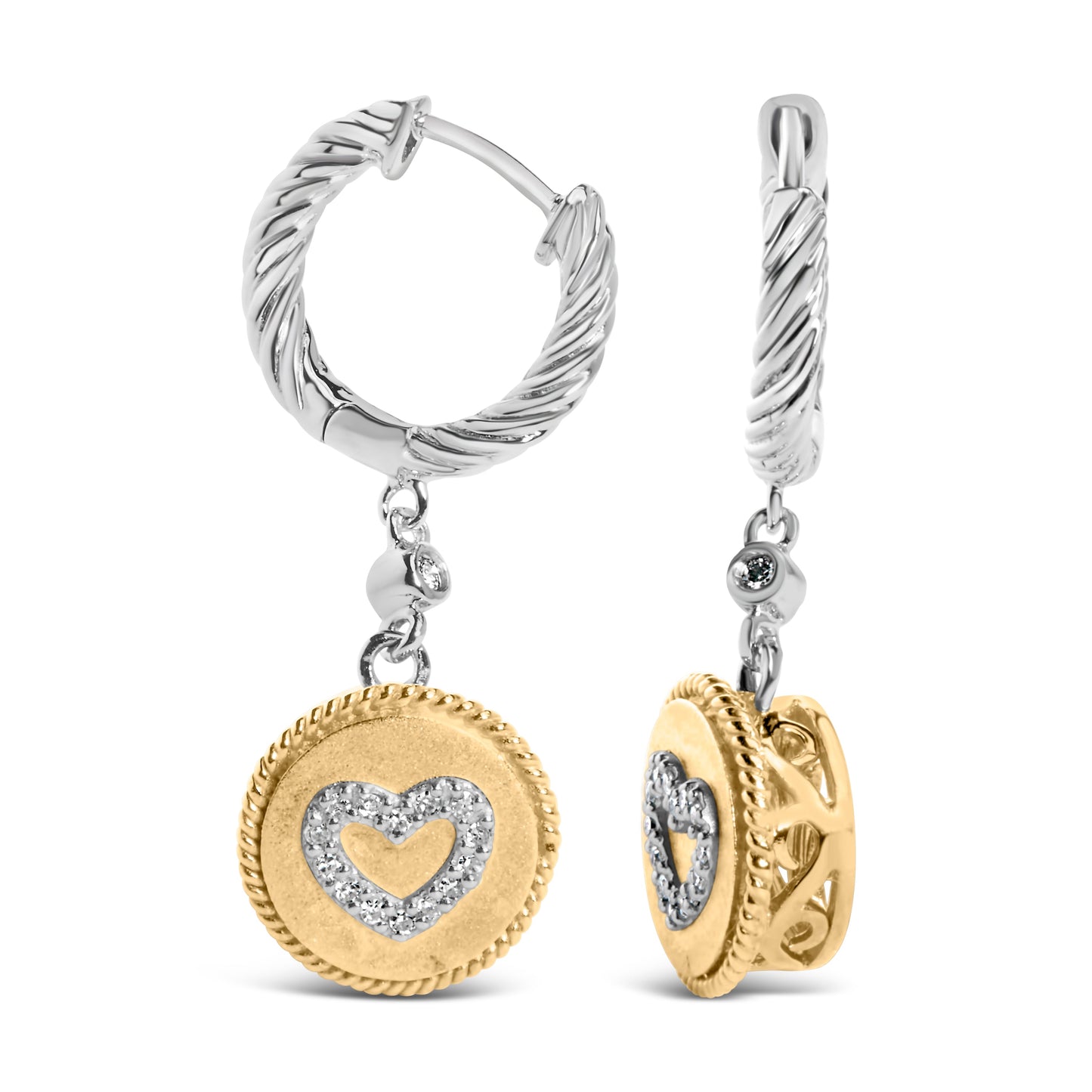 Pendientes Medallón Corazón de Diamante de Plata Esterlina Baño de Oro Amarillo de 18K