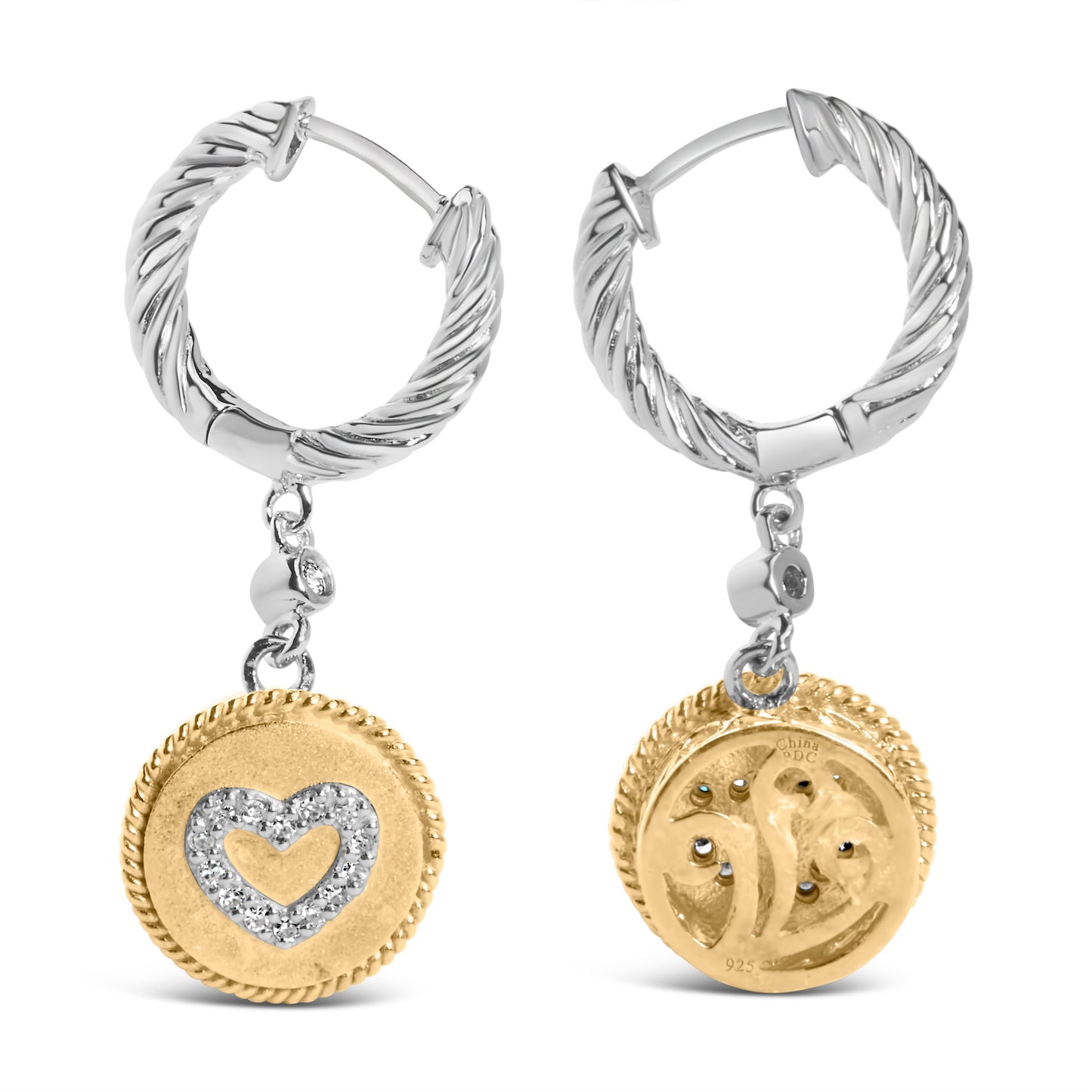 Pendientes Medallón Corazón de Diamante de Plata Esterlina Baño de Oro Amarillo de 18K