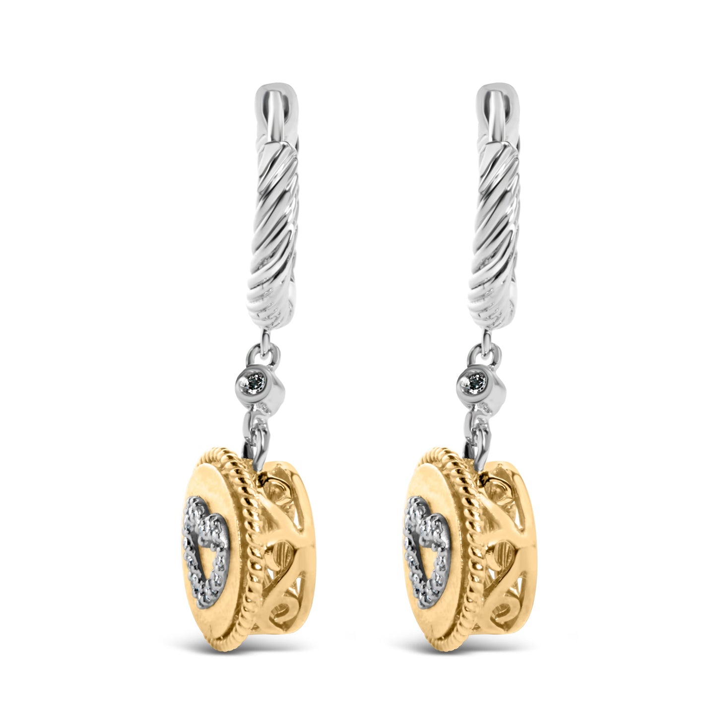 Pendientes Medallón Corazón de Diamante de Plata Esterlina Baño de Oro Amarillo de 18K