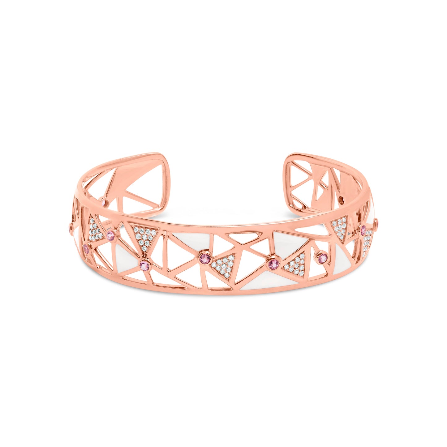 14K Rose Gold Diamond & Pink Tourmaline Open Cuff Bangle - 7"