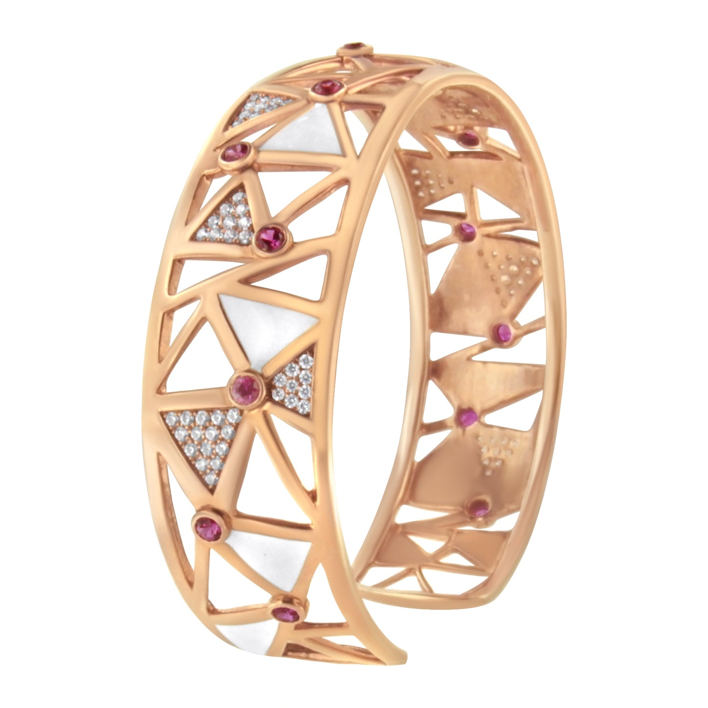 14K Rose Gold Diamond & Pink Tourmaline Open Cuff Bangle - 7"