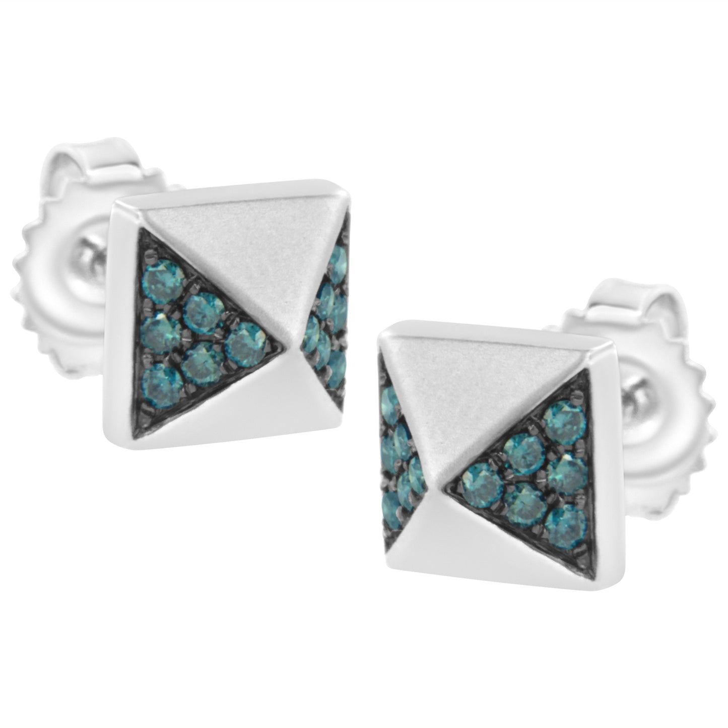 14K White Gold Blue Diamond Pyramid Stud Earrings