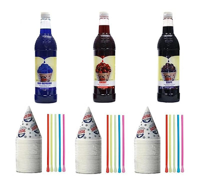 Snow Cone Kit - Syrup Bottles, Spoon Straws, Cups Bundle