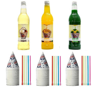 Snow Cone Kit - Syrup Bottles, Spoon Straws, Cups Bundle