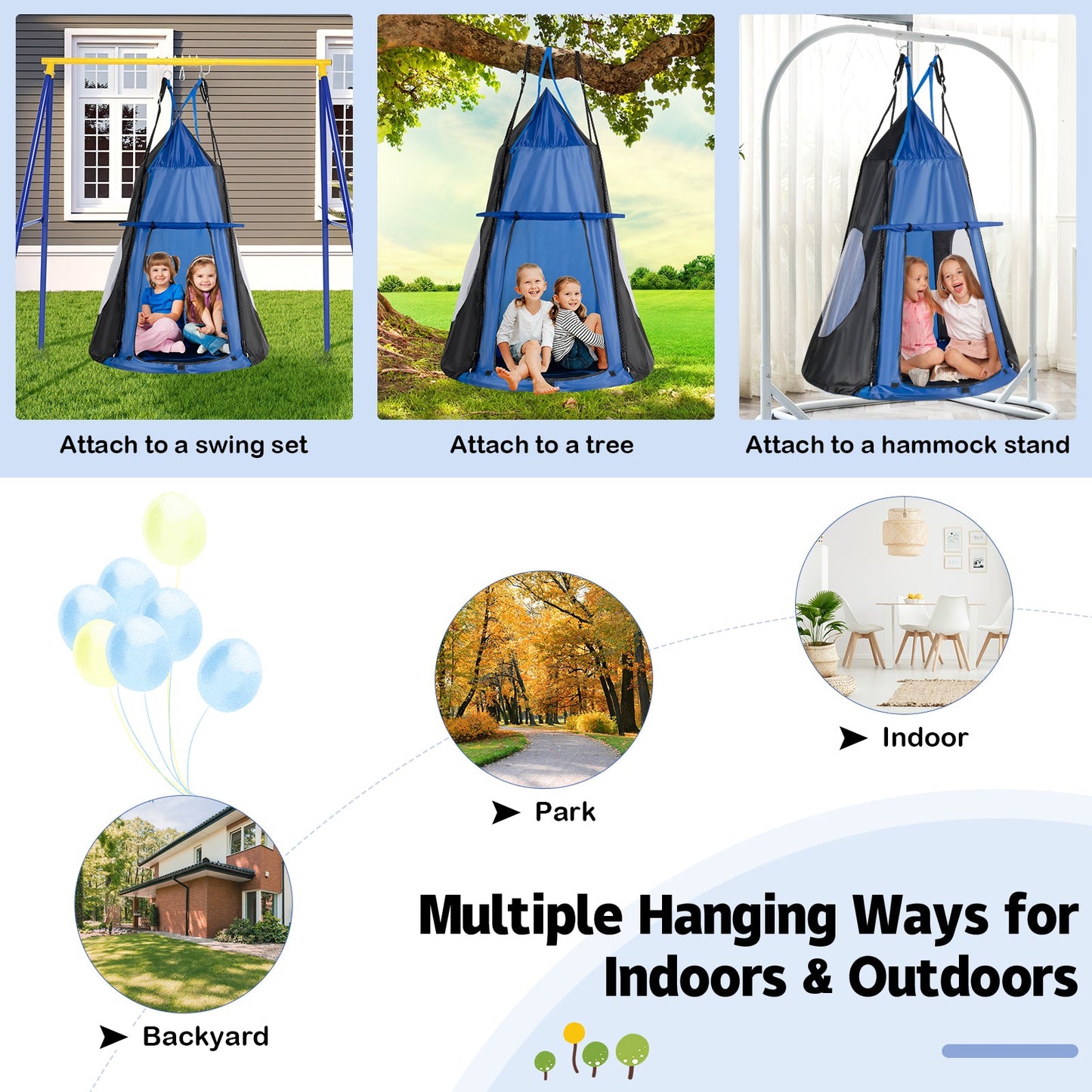 2-in-1 40 Inch Kids Hanging Chair Swing Tent Set - Blue