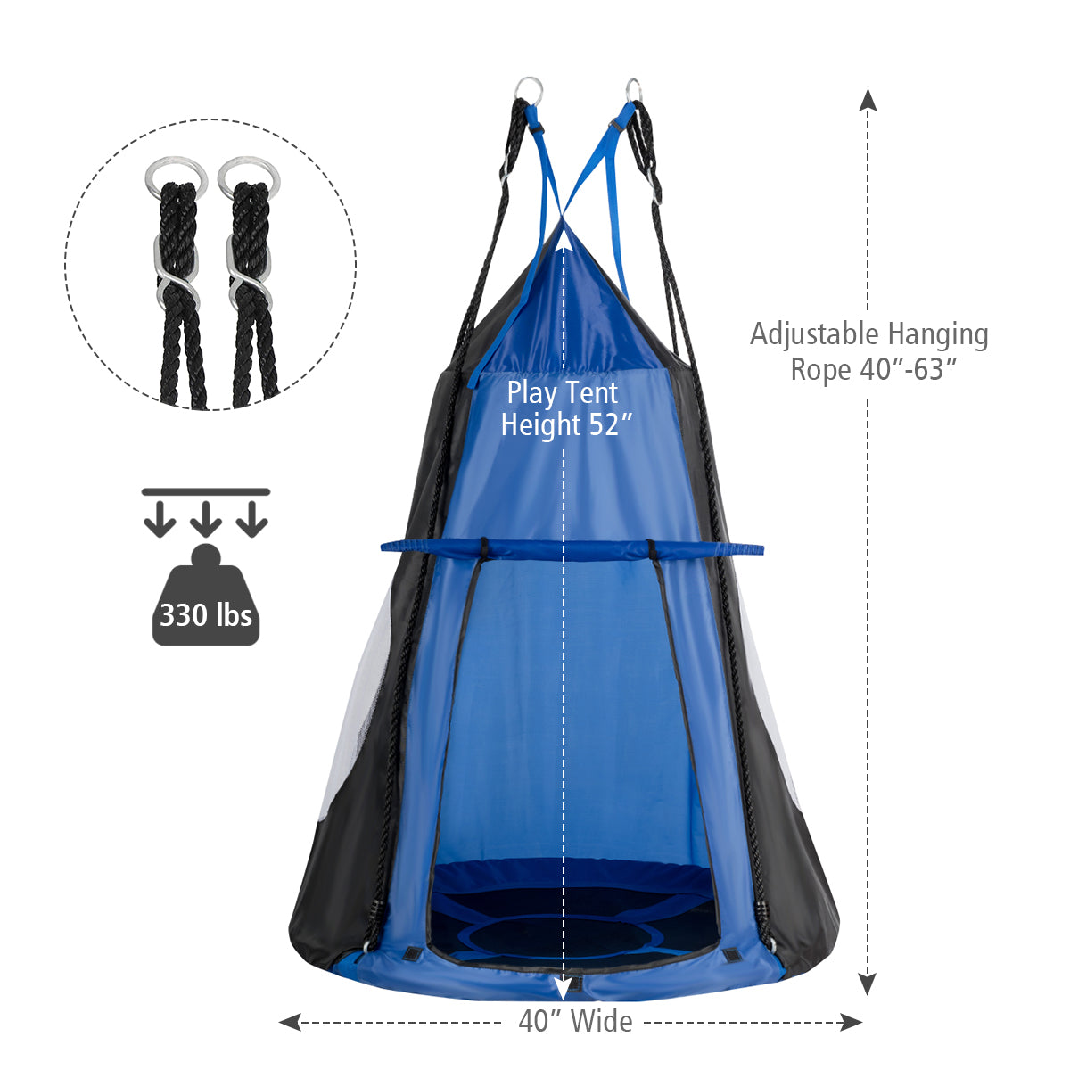 2-in-1 40 Inch Kids Hanging Chair Swing Tent Set - Blue