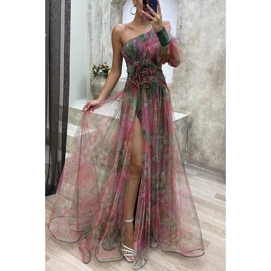 Mesh Tie-Dye Printed Off-Shoulder Slit Dress