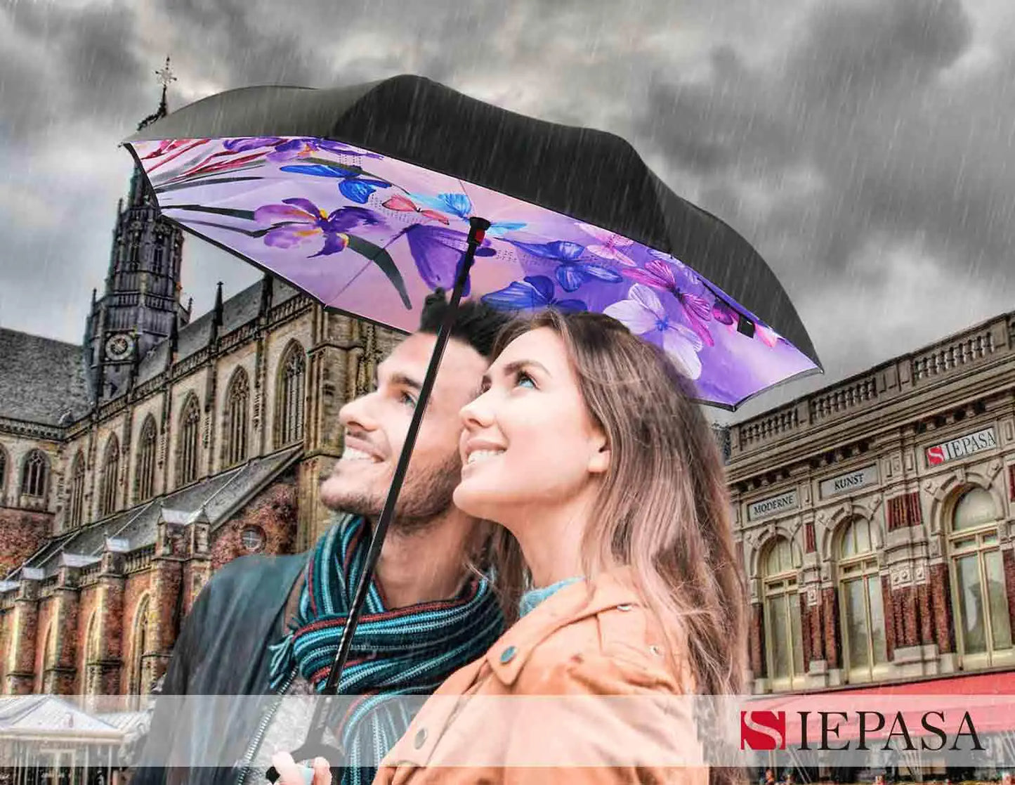 SIEPASA Inverted Reverse Umbrella - Blue Butterfly Design