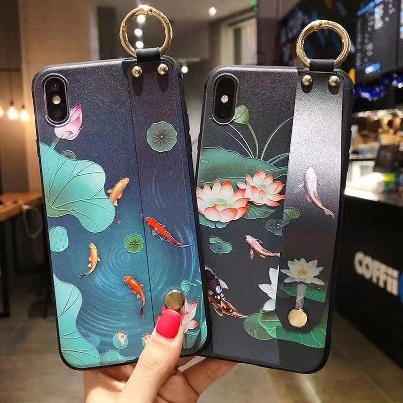 Cartoon Cat Wrist Strap Phone Case for iPhone