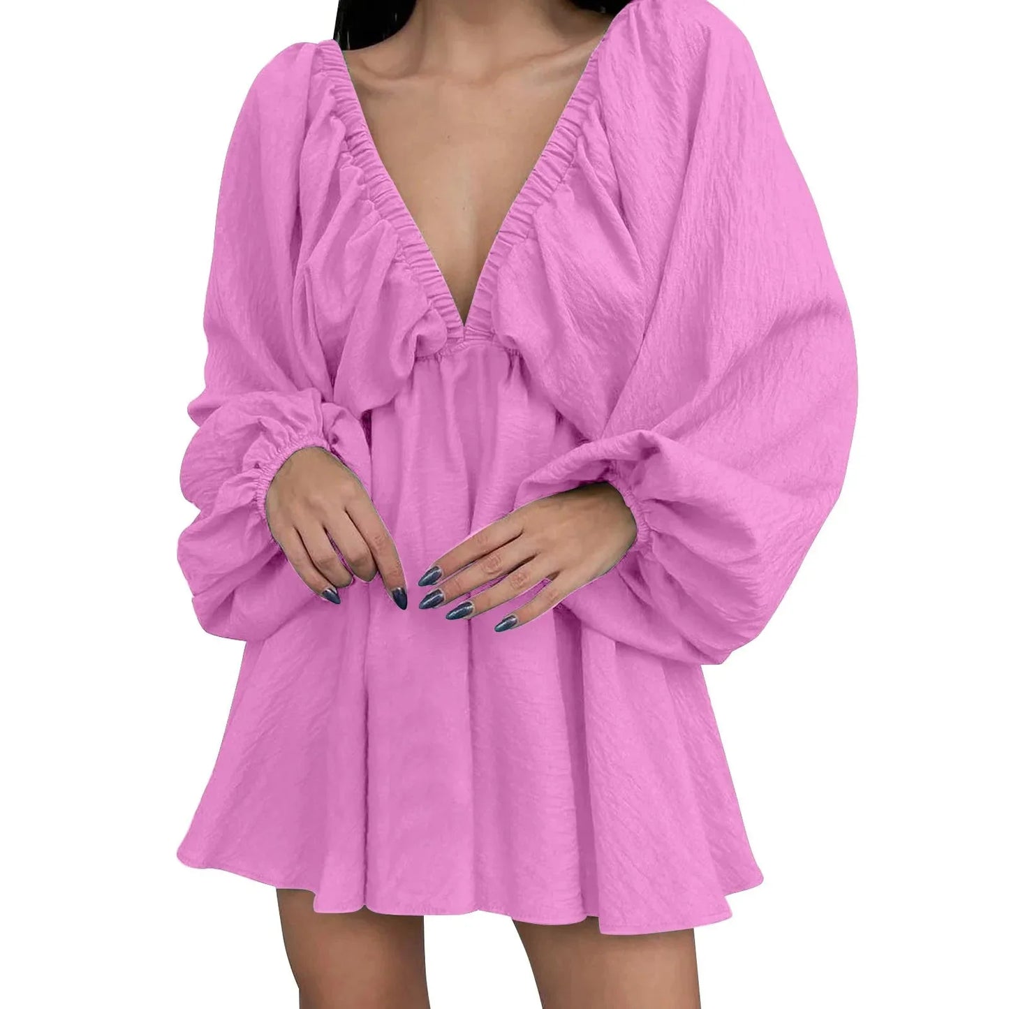 Mandotos Deep V Neck Retro Pleated Dress - Pink, Large Size