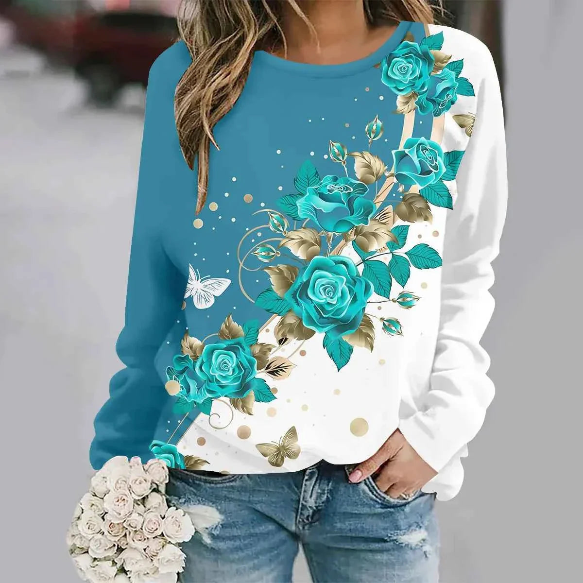 Sudadera Y2K con estampado de flores en 3D - Moda femenina