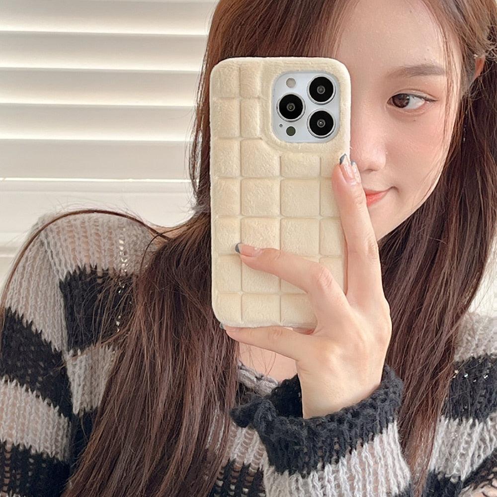 Plush Square Lattice Phone Case for iPhone - Soft & Stylish